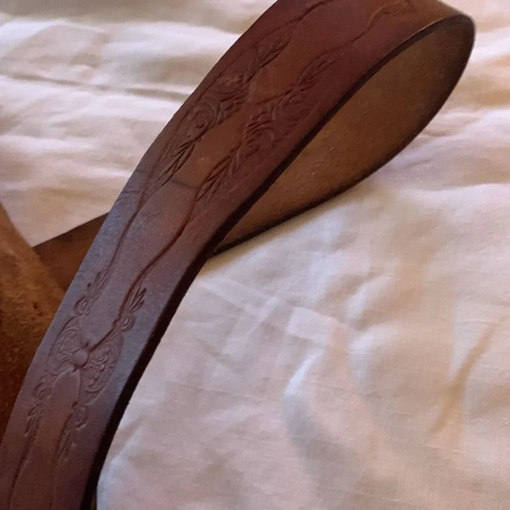 Vintage Hand Tooled Brown Leather Belt Size Large Full Grain Cowhide USA No Loop